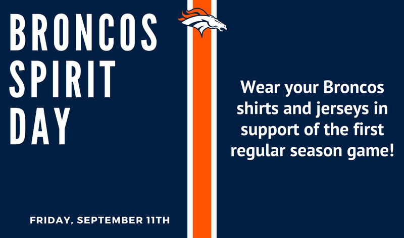 Broncos logo with information about spirit day