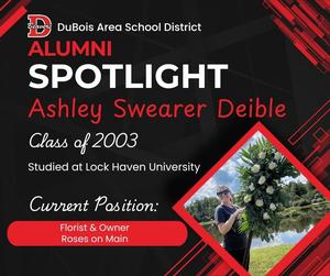 Ashley Swearer Deible Alumni Spotlight Graphic  Photo of Ashley with white roses.