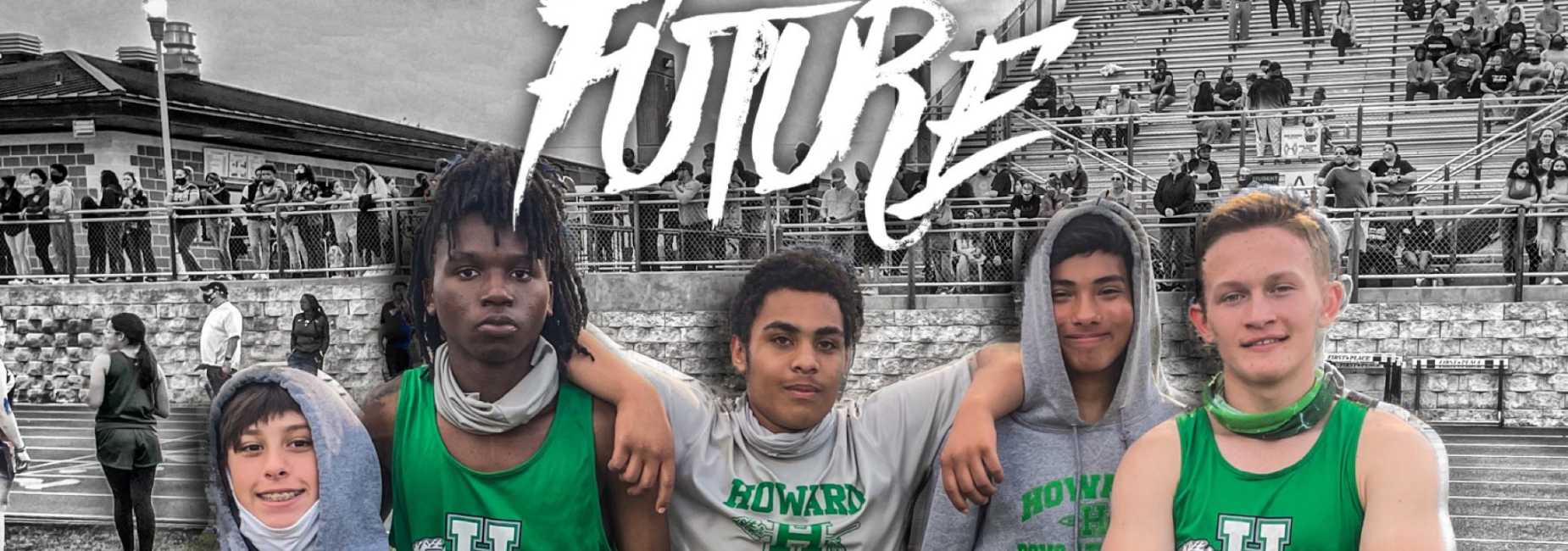 5 teen boys in track uniforms track-side
