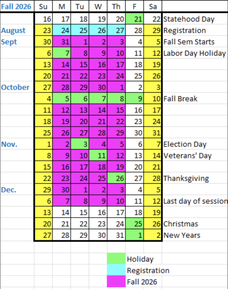 Fall 2026 Calendar