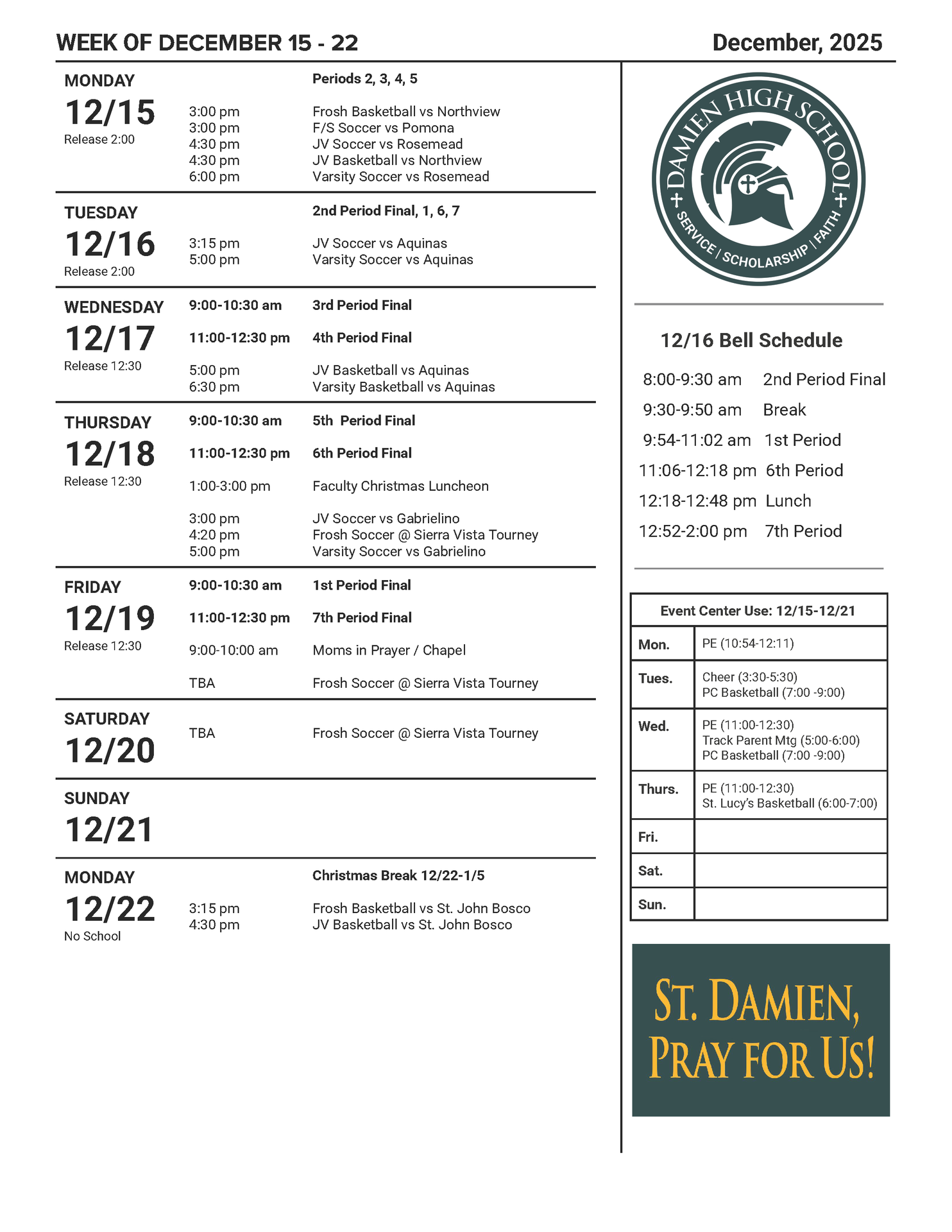 Damien High School Weekly Schedule 