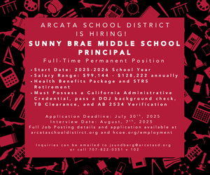 Job posting flier for Sunny Brae Middle School Principal, deadline July 30, 2025