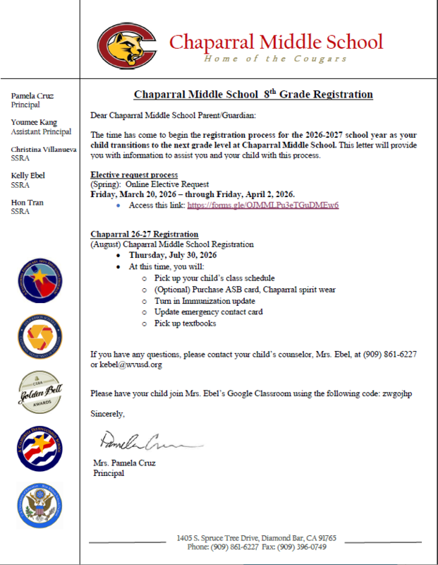 Letter to incoming 8th Graders