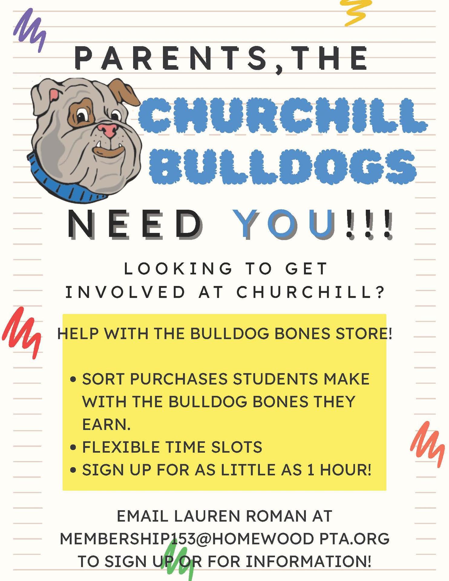 flyer asking for volunteers at Churchill School