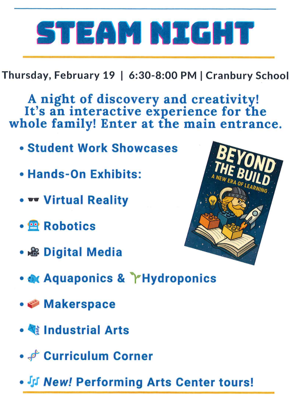 Information about upcoming STEAM family night: February 19 from 6:30 to 8 pm