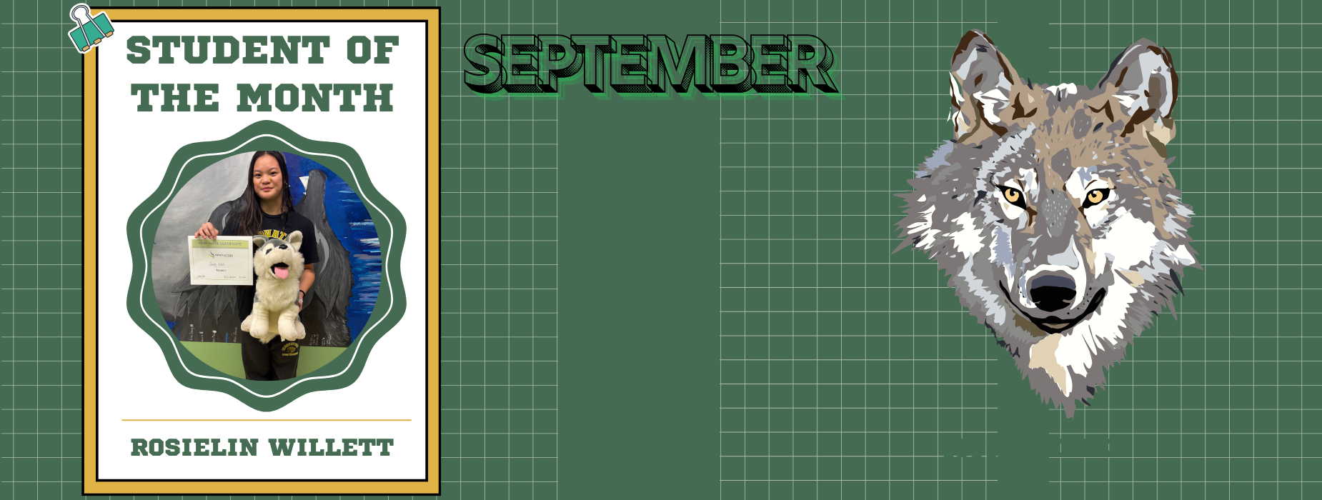 Celebratory design featuring a student of the month with a dog and a wolf illustration.