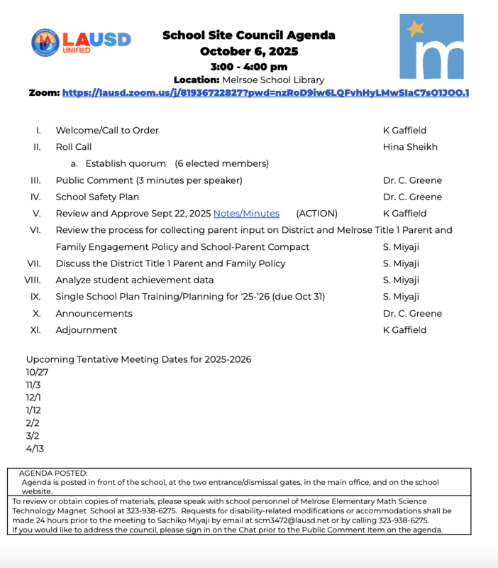 SSC Meeting Agenda for Oct 6