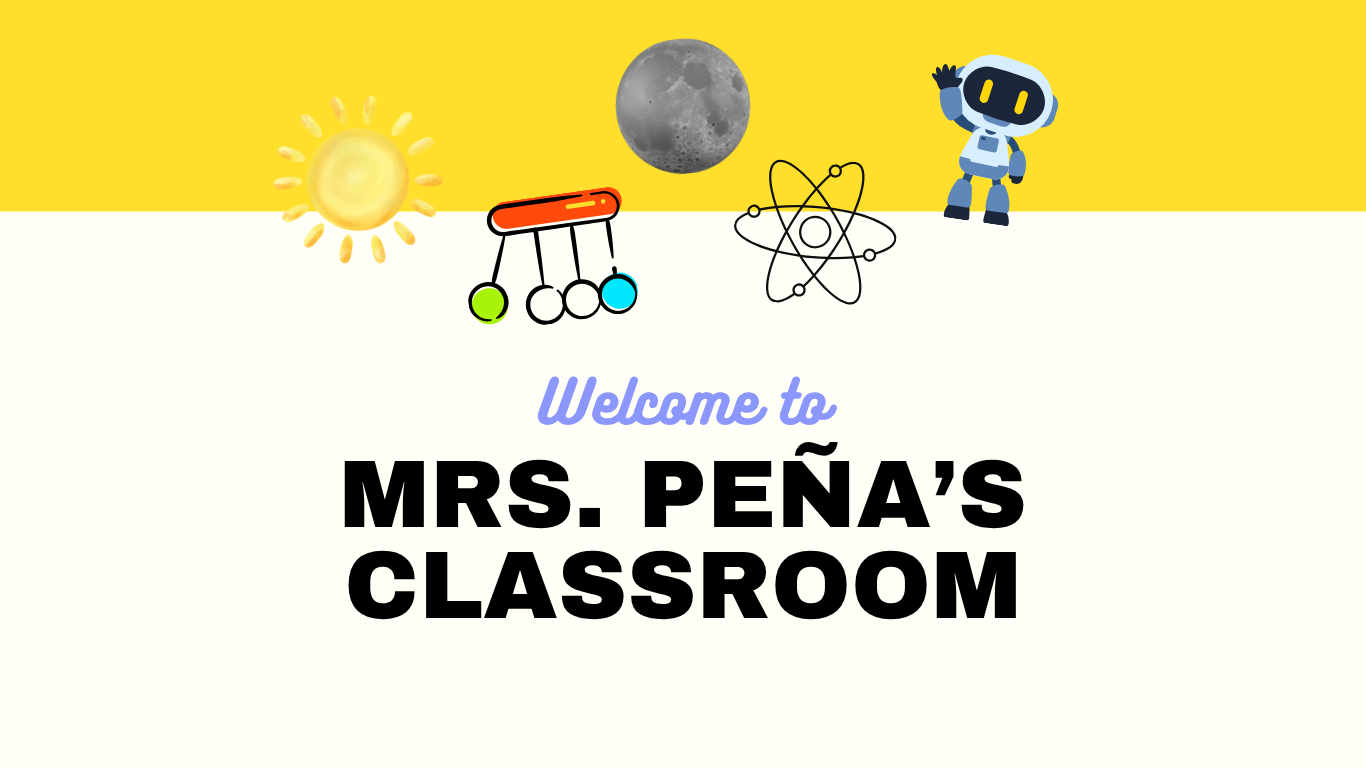Colorful classroom welcome with icons of the sun, moon, robot, and atom.