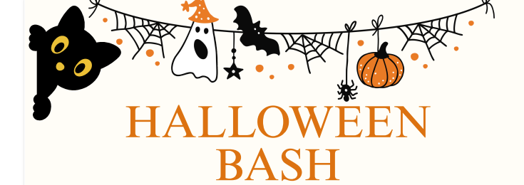 Halloween Bash with black cat, ghost, pumpkin, spider, and bat