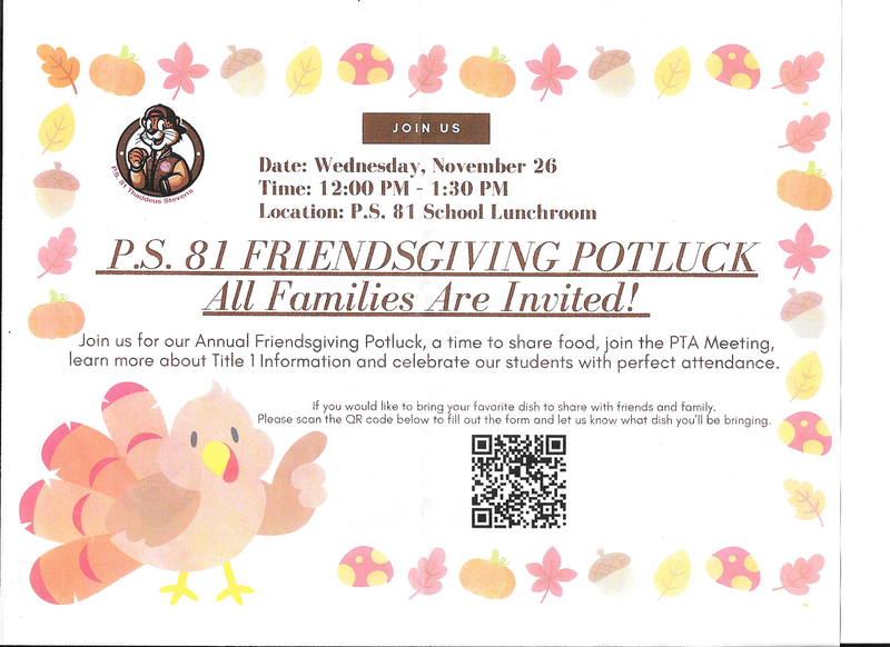 P.S. 81 Friendsgiving Potluck flyer. English