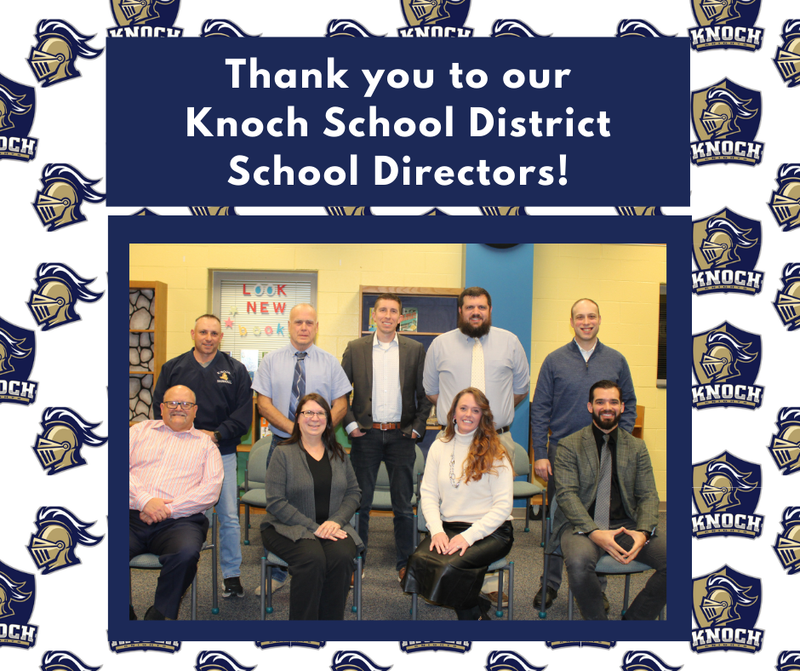 school board members seated and standing smiling on knoch logo background