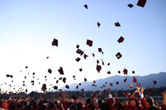 Graduates throwing caps into the air against a clear sky.