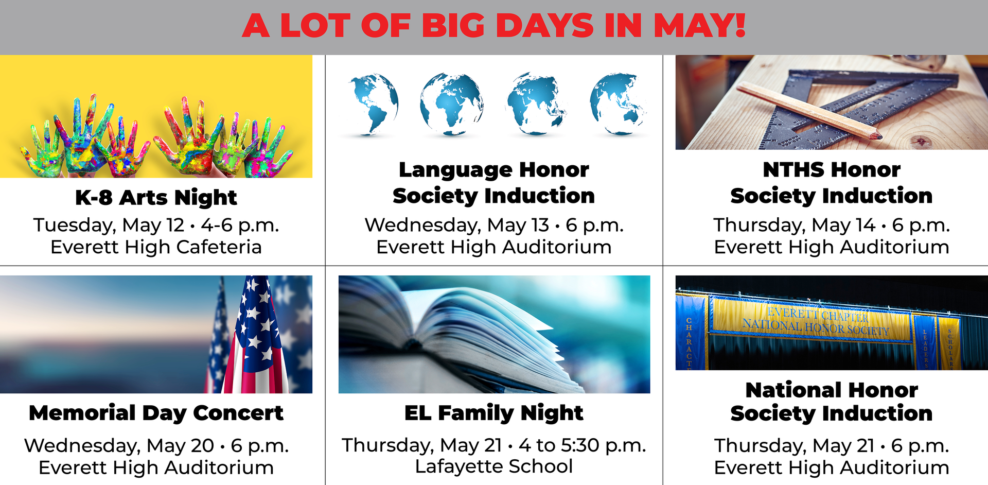 Event schedule for May including various school activities and meetings.