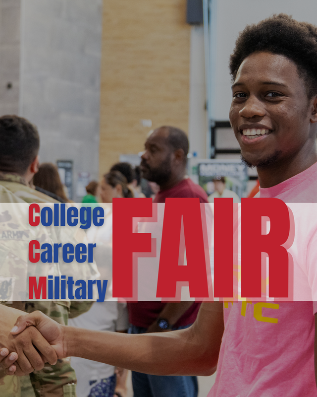 A student shaking hands with the title CCM Fair