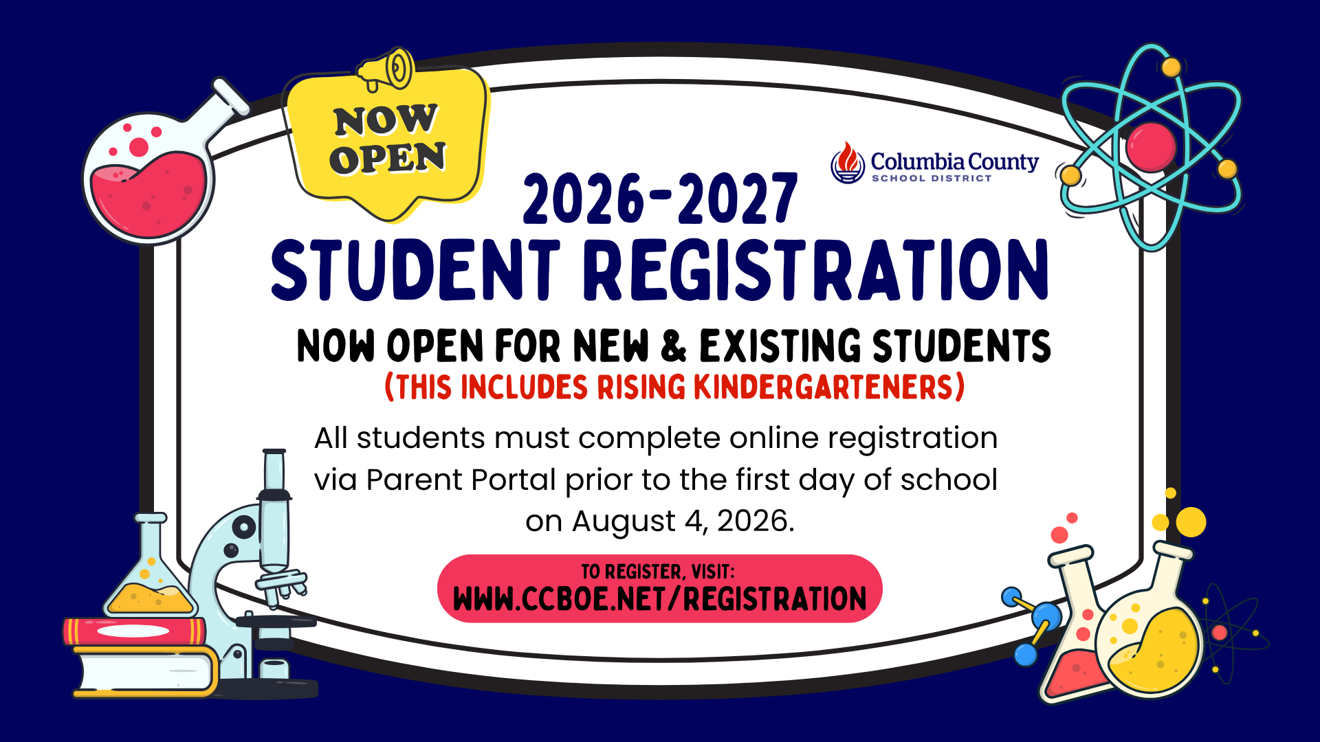 Announcement for 2026-2027 student registration with details and school district logo.