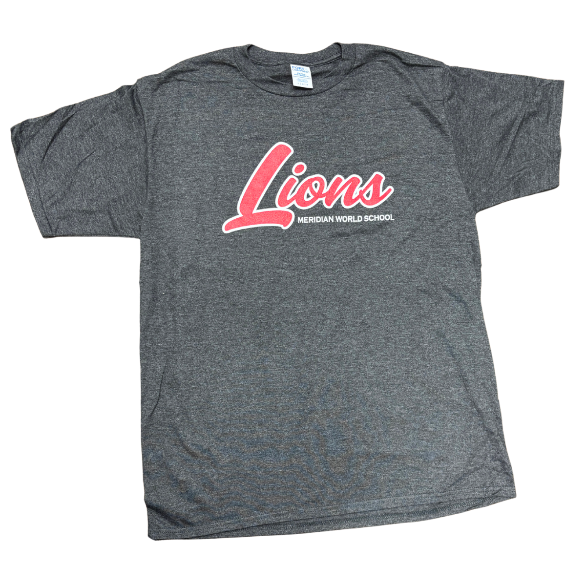 Dark grey soft shirt with script lions in red