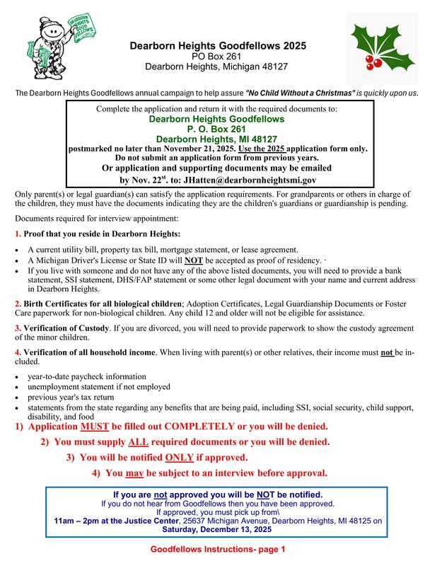 Dearborn Heights Goodfellows 2025 Application