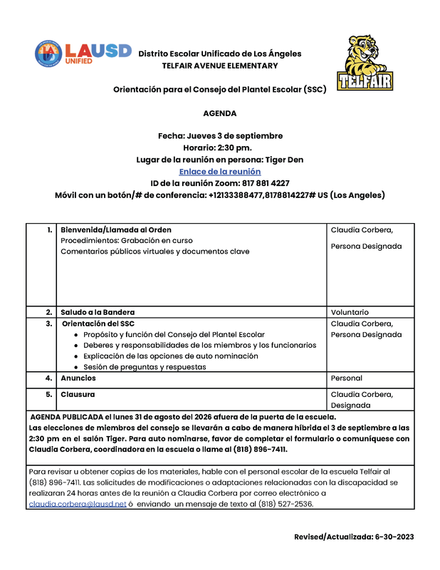 Agenda de Orientación para Padres