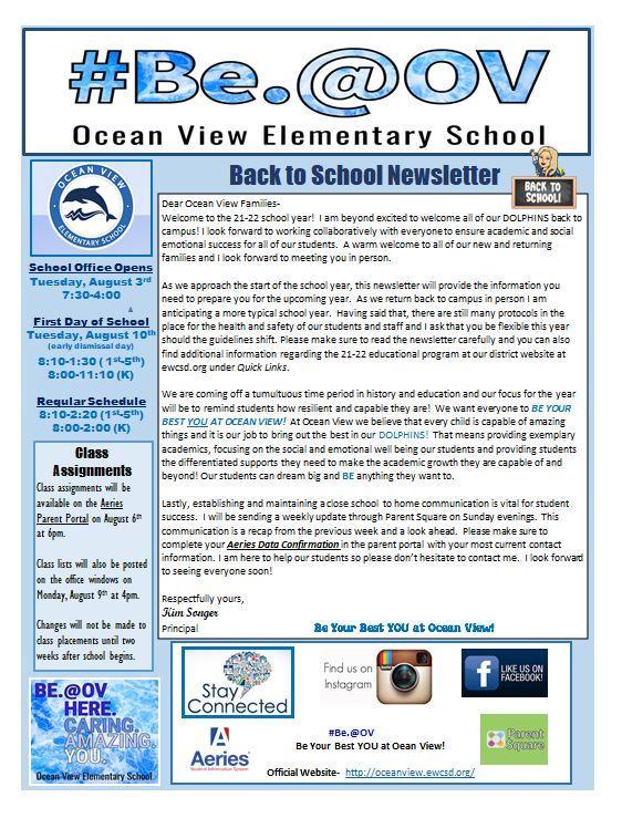 Newsletter with Back to School Information