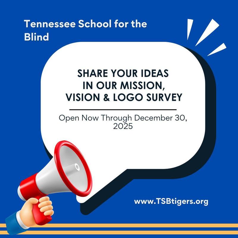 A blue graphic with a white speech bubble announcing the Mission, Vision & Logo Survey.