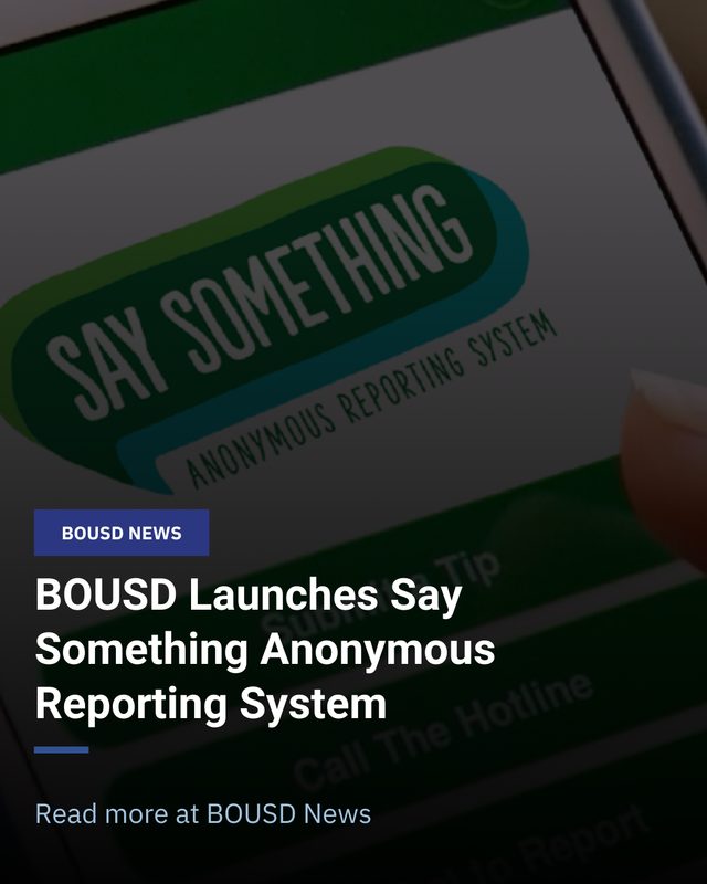 Graphic design with a background photo of a phone displaying Say Something Anonymous Reporting System