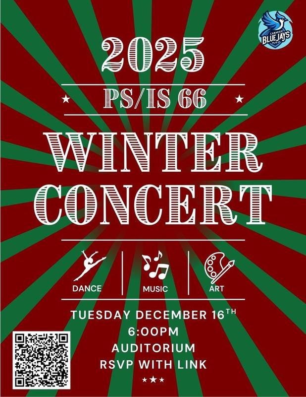 Flyer showing the QR Code to attend concert on Tuesday December 6th at 6:00 PM in Auditorium.