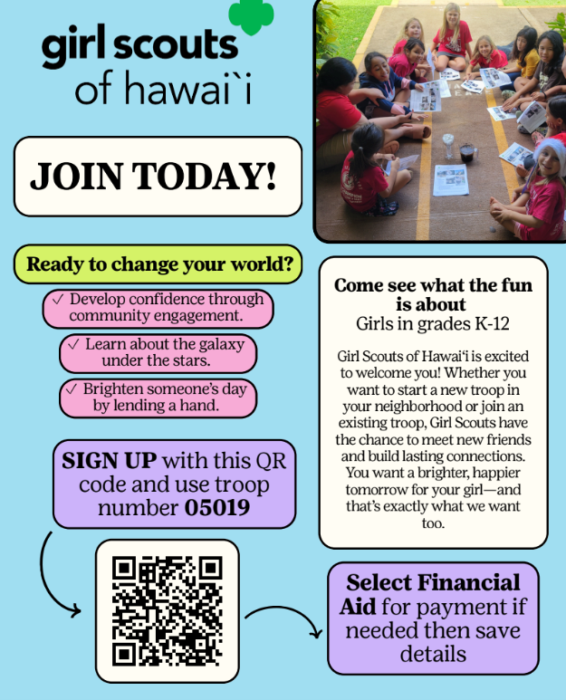 Come see what the fun  is about Girls in grades K-12 GirlScouts ofHawai‘i is excited towelcome you!Whether you wantto start anewtroopin yourneighborhoodor joinan existing troop,GirlScoutshave the chance tomeetnewfriends andbuildlasting connections. Youwant abrighter,happier tomorrowfor your girl—and that’s exactly what we want  too.