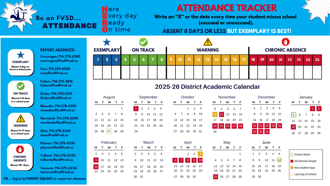 A colorful attendance tracker with categories for student absences and a school calendar.