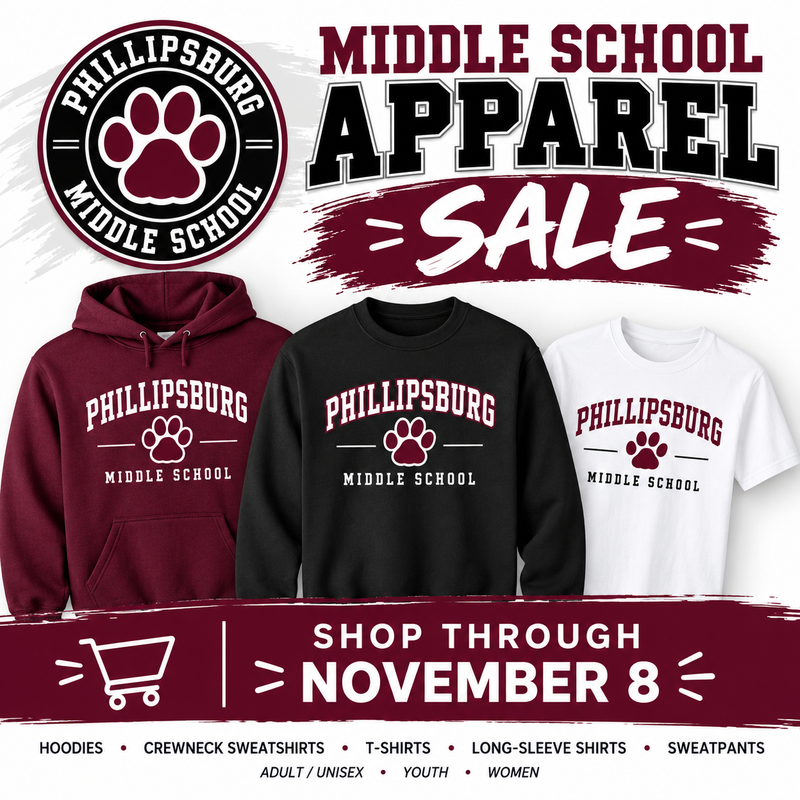 Apparel Sale featuring maroon, black, and white school-branded hoodies, sweatshirts, and T-shirts.