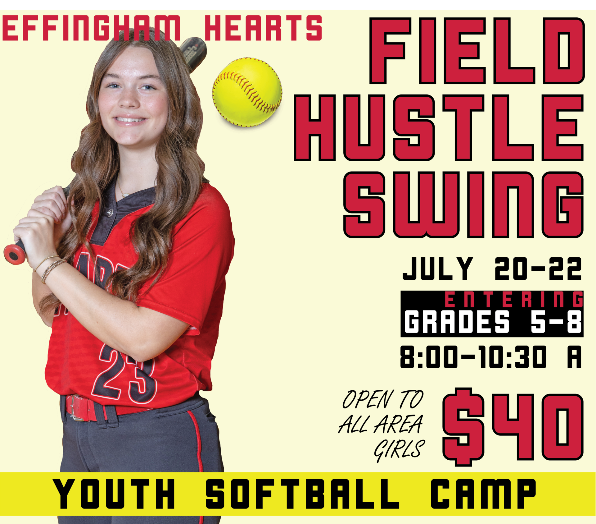 softball player and details of summer youth softball camp 2026