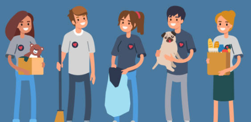 Five teens displaying various jobs. Each teen holds the respective items from left to right; a box with teddy bear, a broom, a trash bag, a pug, and a grocery bag.