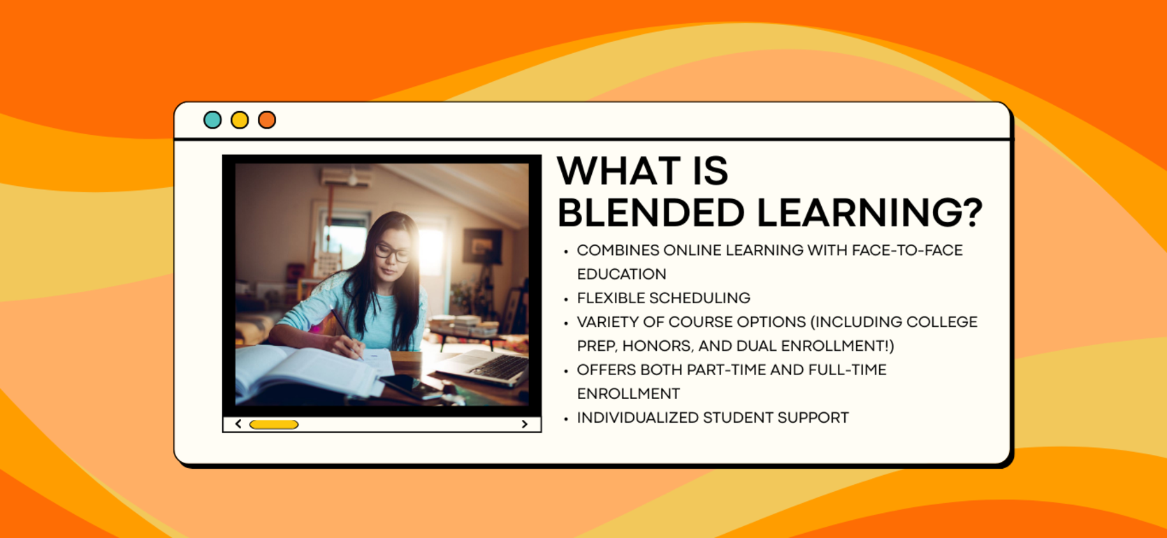 Student studying at a desk with notes, surrounded by blended learning benefits.