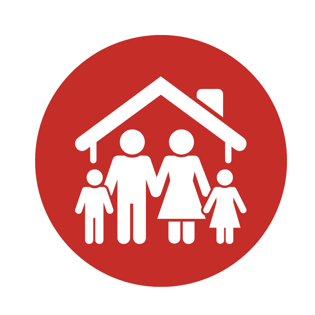 white family icon on red circular background