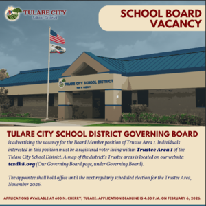 Announcement of school board vacancy with relevant details and contact information.