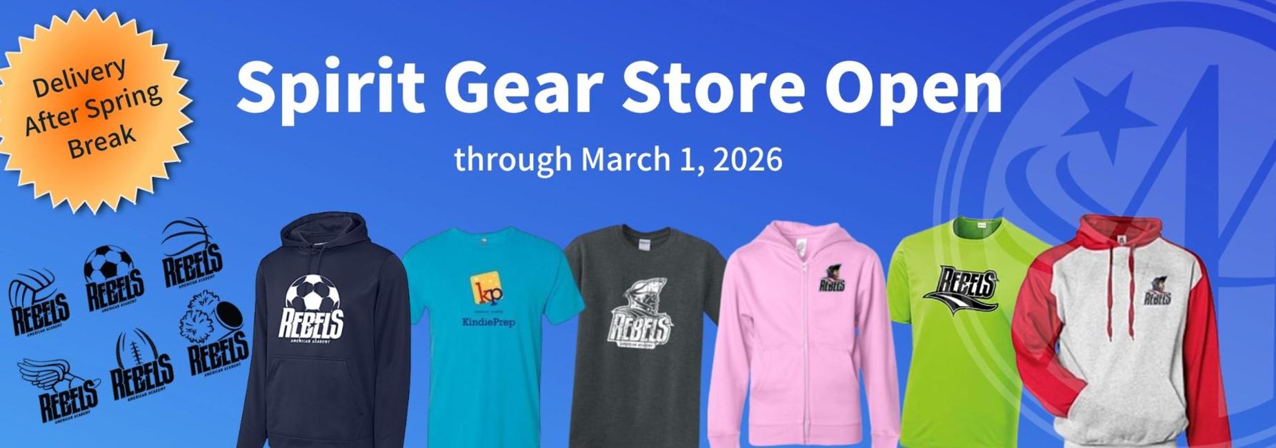 Spirit Gear Store open announcement with pics of some of the clothing items available.