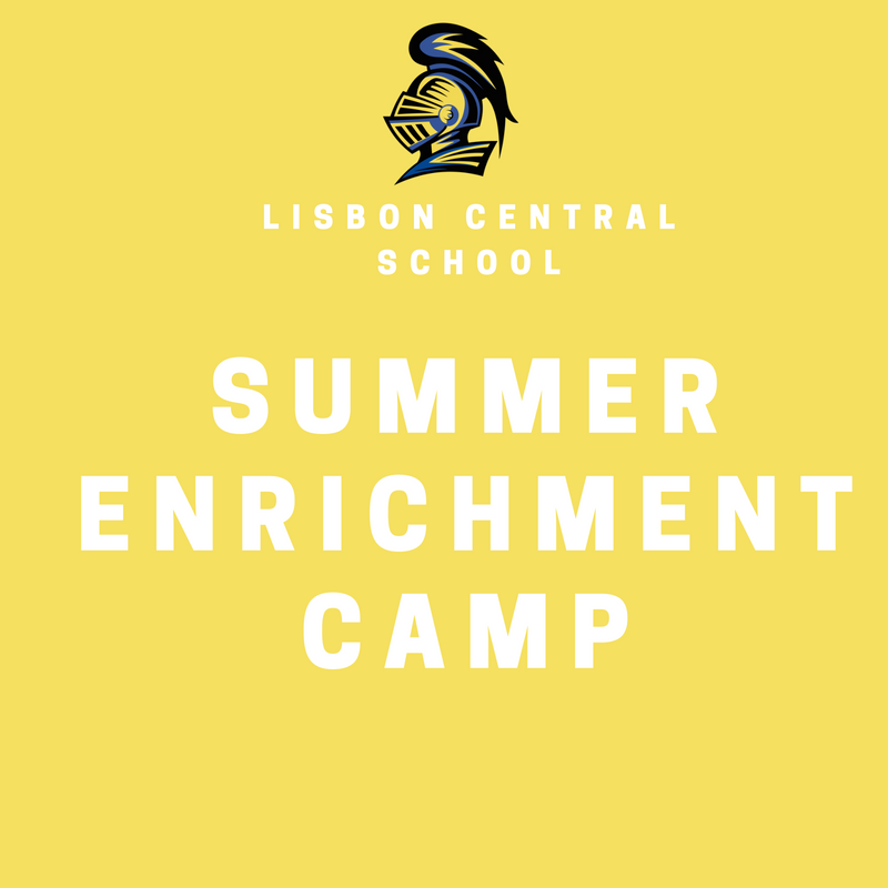 Yellow square with white font reading summer enrichment camp