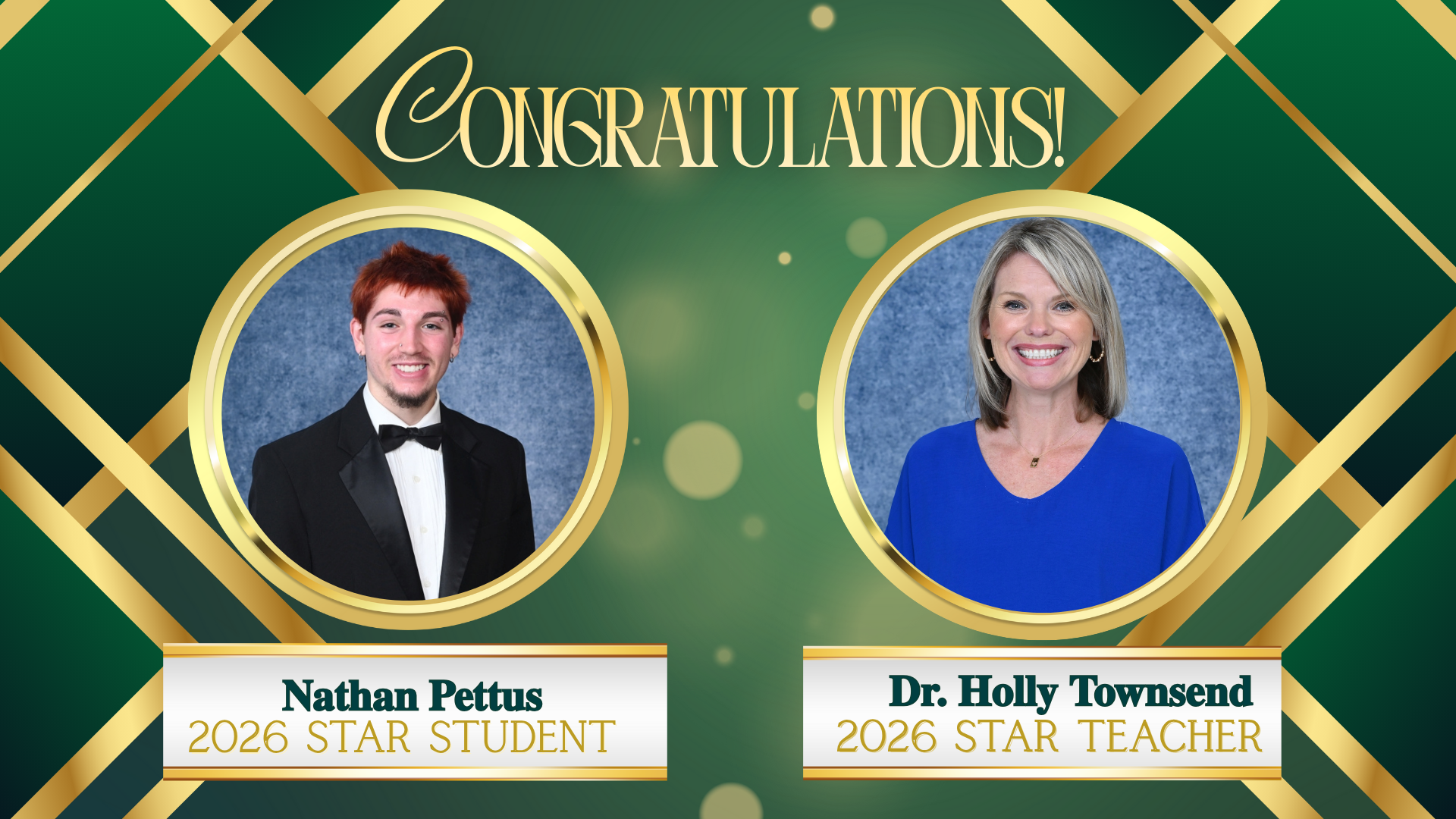 Celebratory graphic featuring Nathan Pettus and Dr. Holly Townsend with a gold theme.