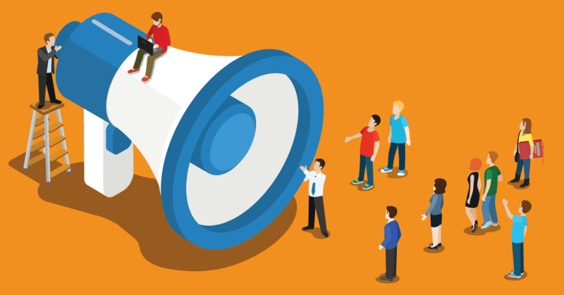 A large megaphone with diverse people engaging and communicating around it.
