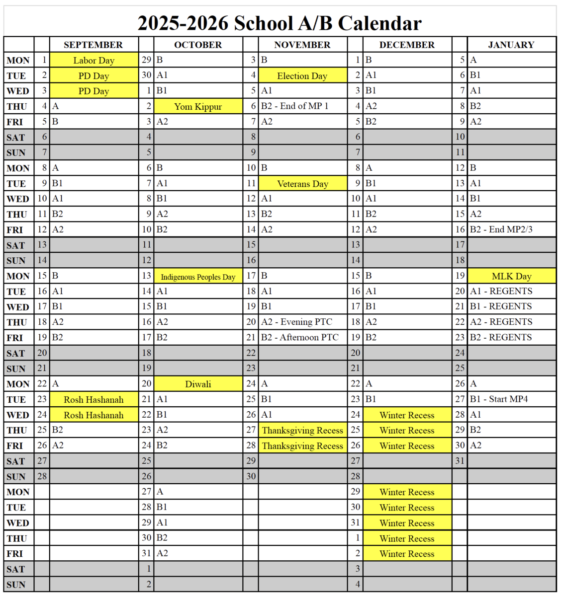 Image of the NEST+m alternating day A/B Calendar.