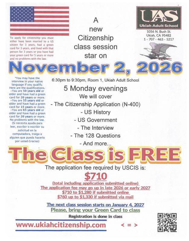 A new citizenship class starts on Monday, November 2, 2026, at 6:30pm, in Room 1 poster.