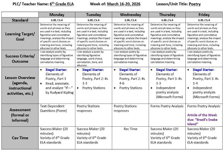 ELA Lesson Plans March 16-20