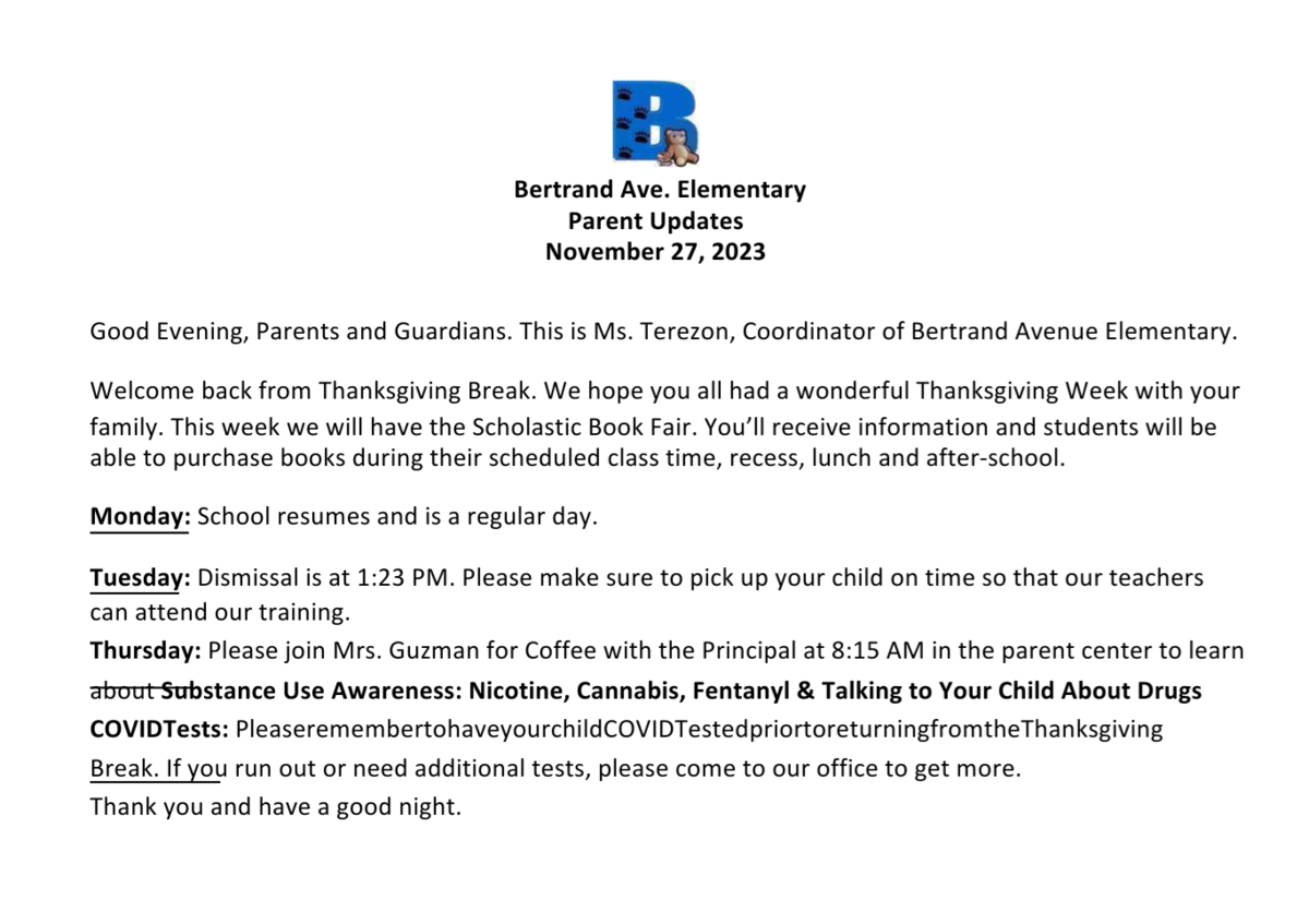 Parent Update 11/27/23 Bertrand Avenue Elementary