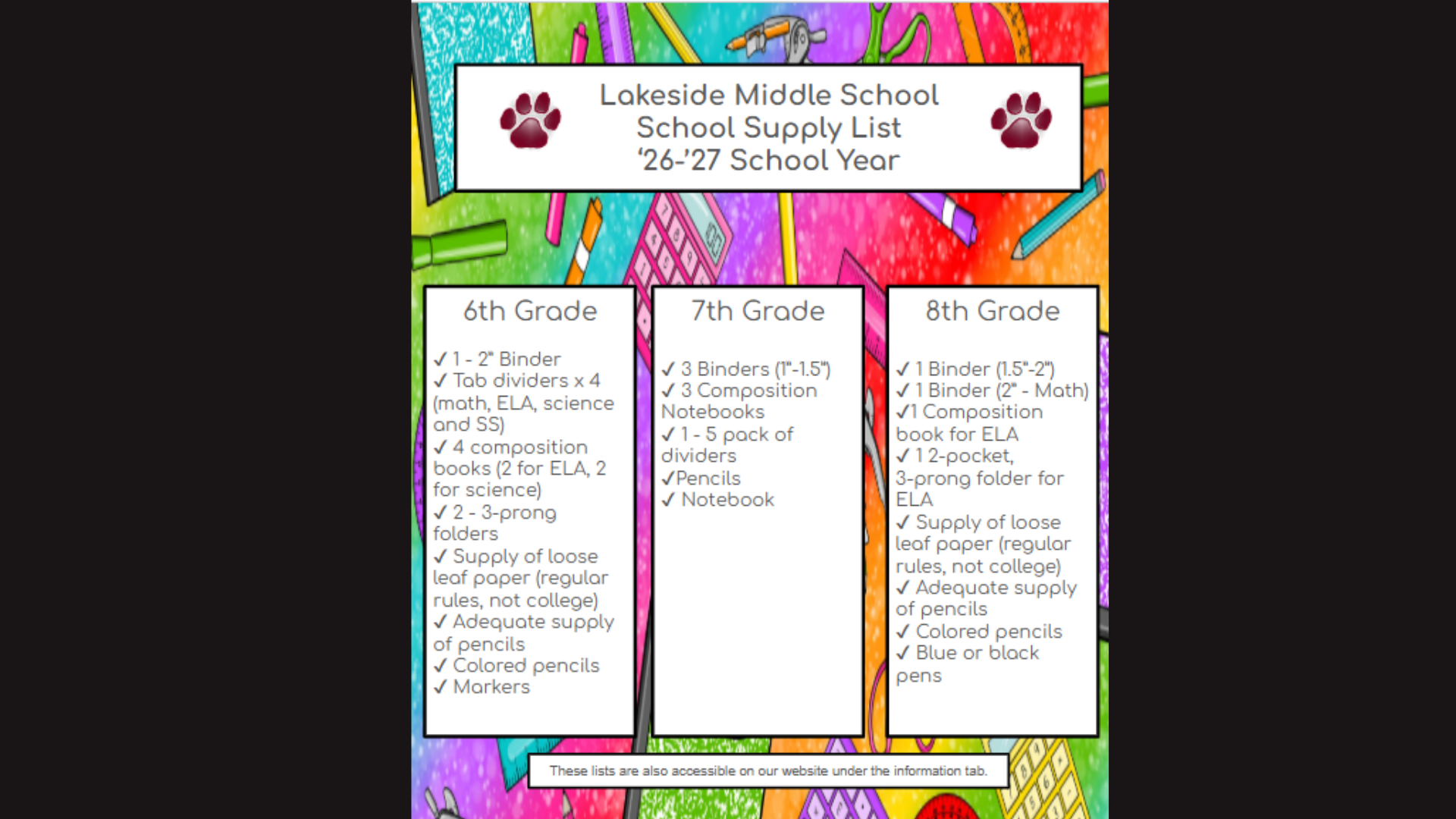 Colorful school supply list for grades 6-8 featuring binders, notebooks, and markers.