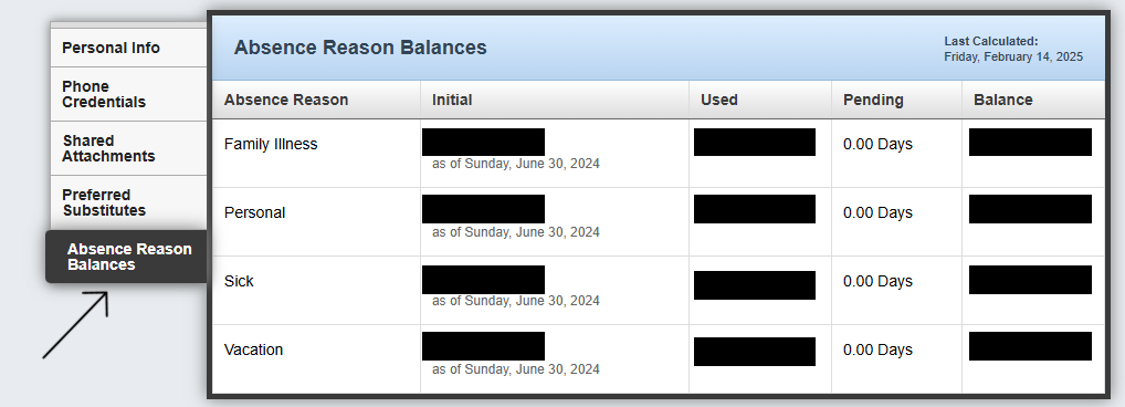 Absence Reason Balances section of the Aesop site, displaying an employee's redacted balances