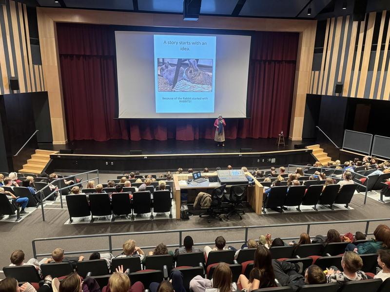 GMS 4-5 4th graders listen to the writing process presented by Main author Cynthia Lord