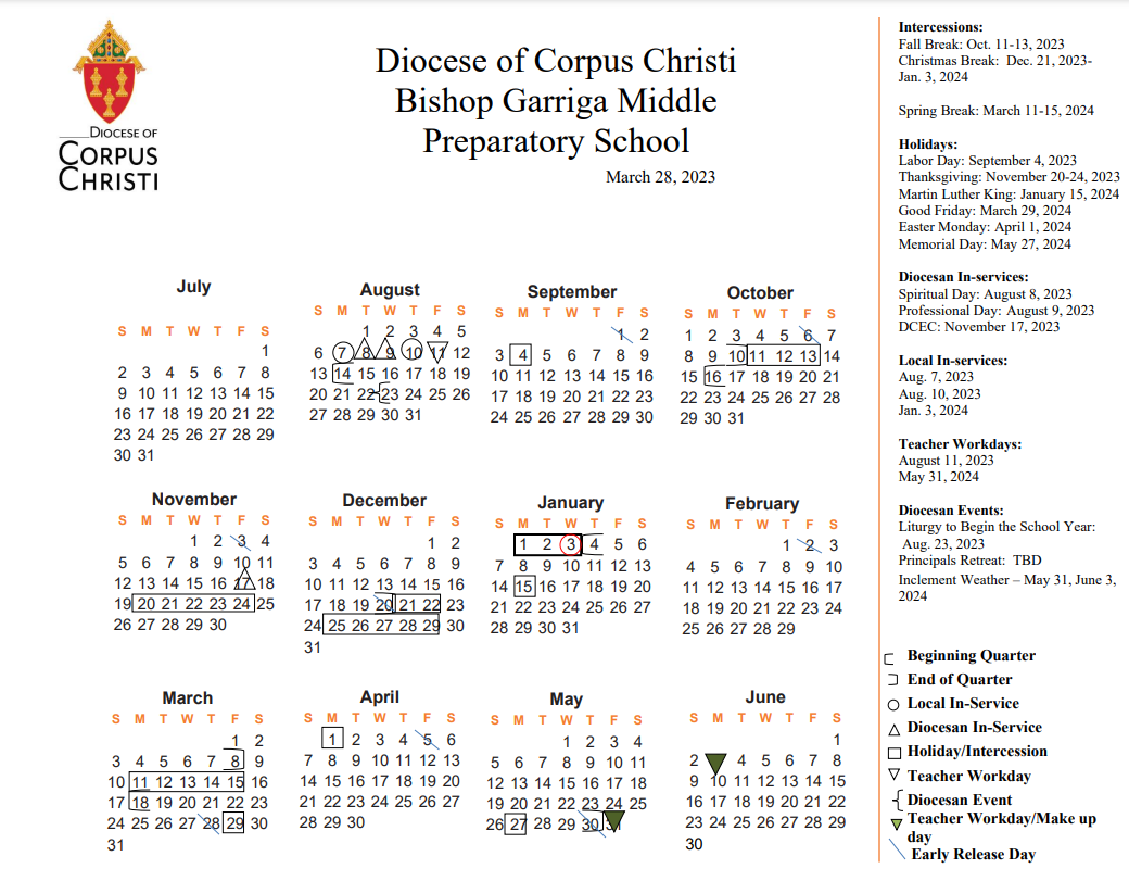 School Calendar – Parents & Community – Bishop Garriga Middle Preparatory School