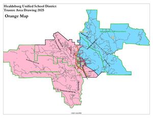 Zoomed out, full scale image of the HUSD Trustee Area map, depicting the full Trustee Areas, with each area represented by a different color.