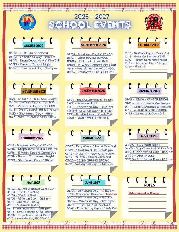calendar of events in English