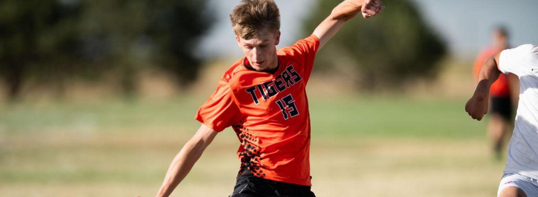 A soccer player in an orange jersey kicking a ball on a grassy field.