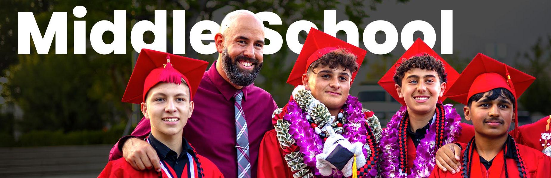 Group of five high school graduates in caps and gowns, smiling with a teacher at Alta Loma Christian School.